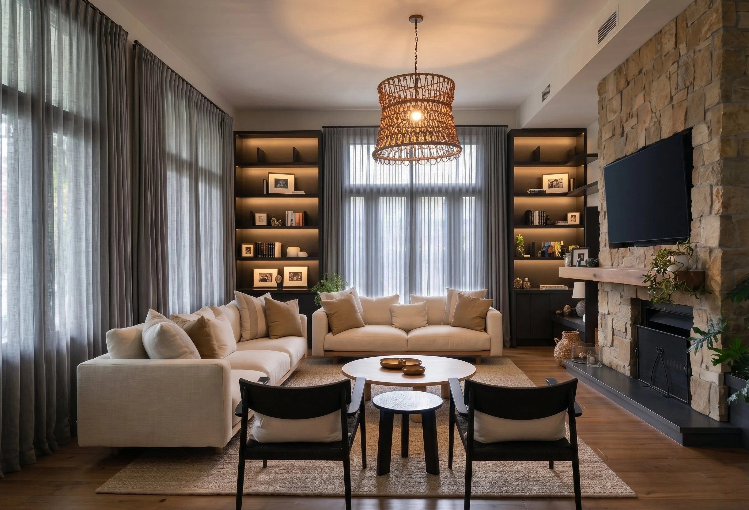 Living room with white sofa, black chairs around a small café table, beige rug, large windows with sheer and blackout curtains, built-in black bookshelves with books and framed photos, stone fireplace with green plants, wicker pendant light, wooden flooring.