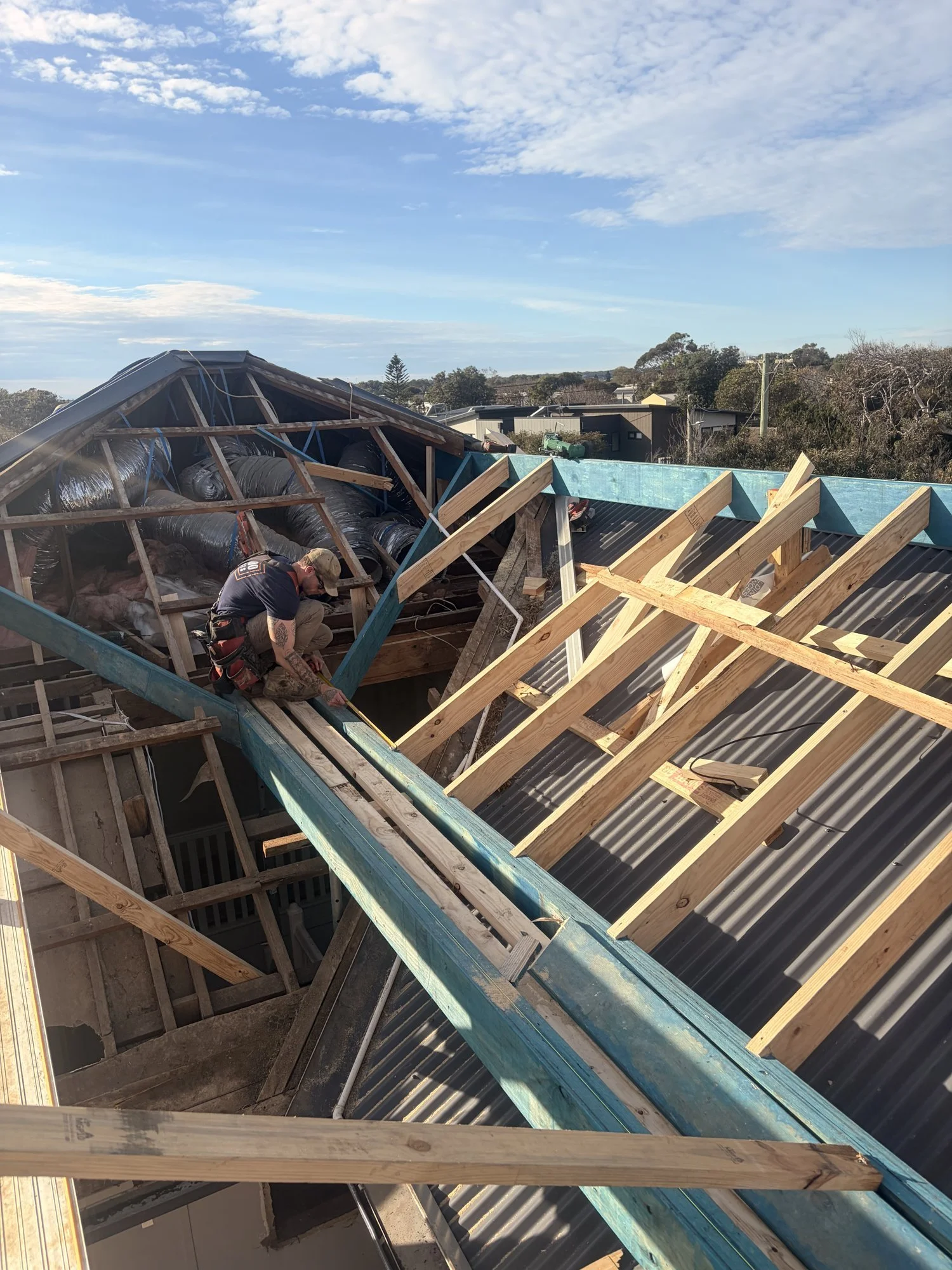 Roof framing going up on a home extension by Oriondo Projects