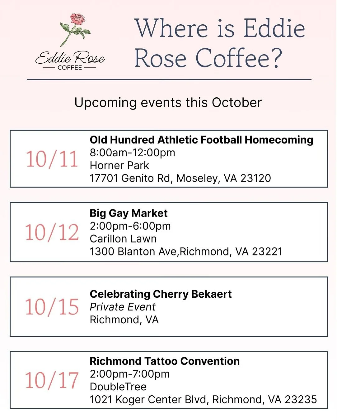 Let&rsquo;s go! Lovely events coming up&hellip; 🩷🌹☕️🥤#eddierosecoffee #mobilecoffee #smallbusiness #vendormarket #tattooconvention #rva #coldbrew #coffee #coffeecatering