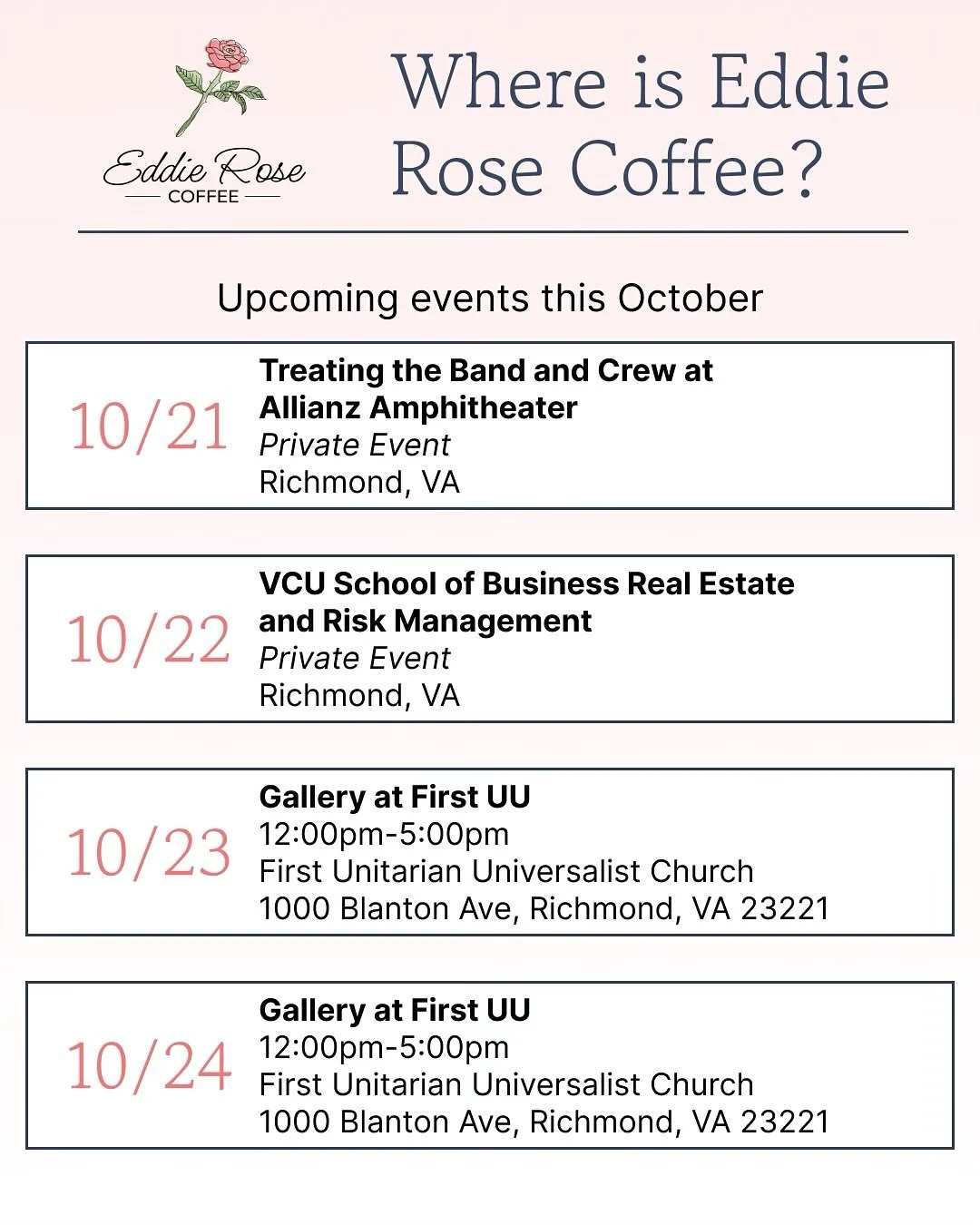 I am a bit behind on letting y&rsquo;all know where I am 😅 We had a great time with the band and crew at the amphitheater, always love treating the staff and students at VCU Real Estate, and now will be several places having lovely experiences with 