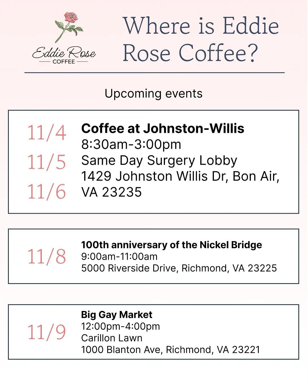 🚨I have an announcement!🚨  I am so honored to announce that in addition to our catering and pop ups, Eddie Rose Coffee will be bringing our cart to Johnston Willis Hospital a few days a week to treat the hard-working staff and visitors to our luxur