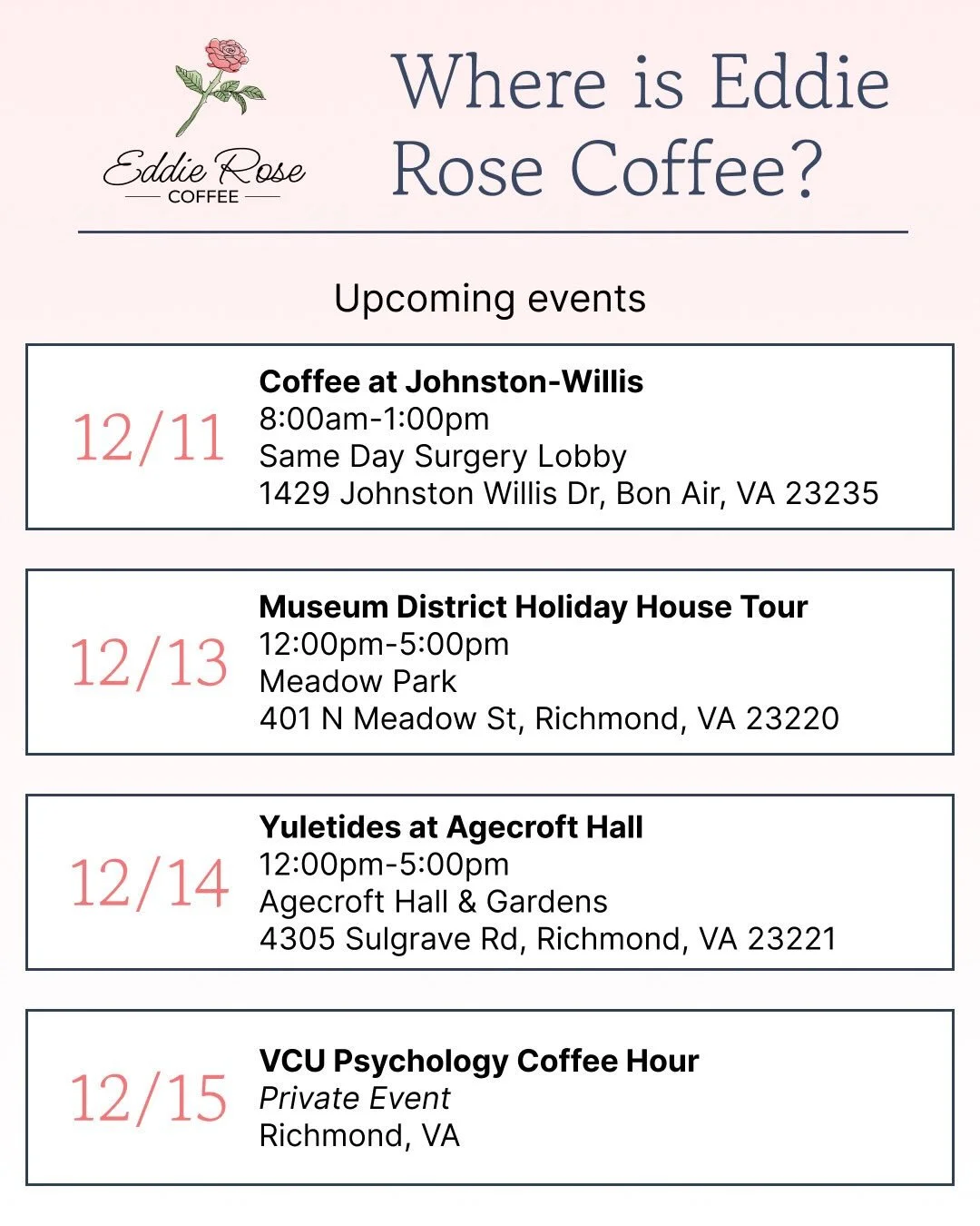 We have a few lovely events to round out the year! Come see us anytime we&rsquo;re at Johnston-Willis Hospital and any event! ✨🌹☕️🥤✨