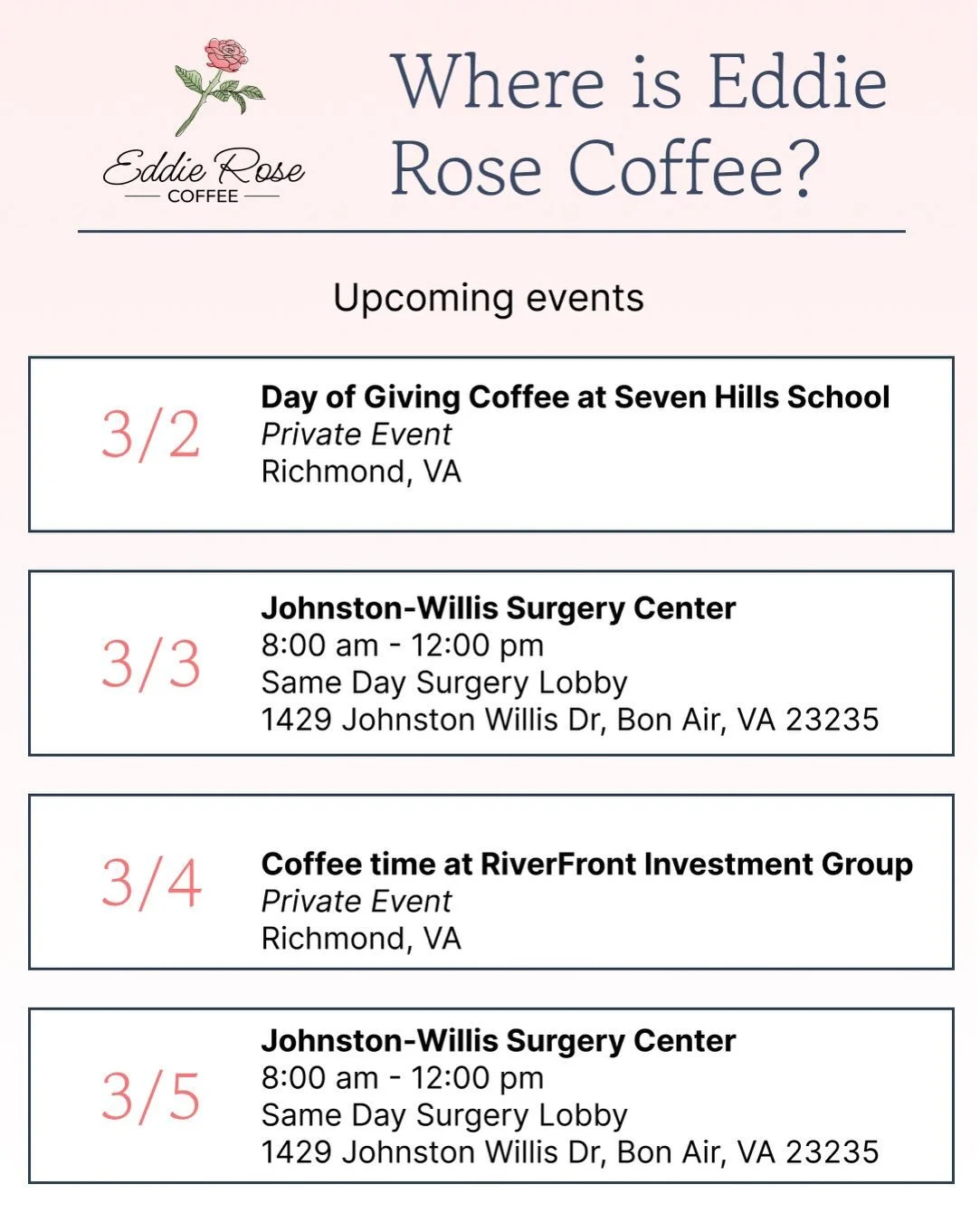 I am so grateful to be so many places this week, spreading delicious drinks and cheer. See you soon! 🩷🌹☕️🥤#eddierosecoffee #rva #coffeecatering #coldbrew #smallbusiness