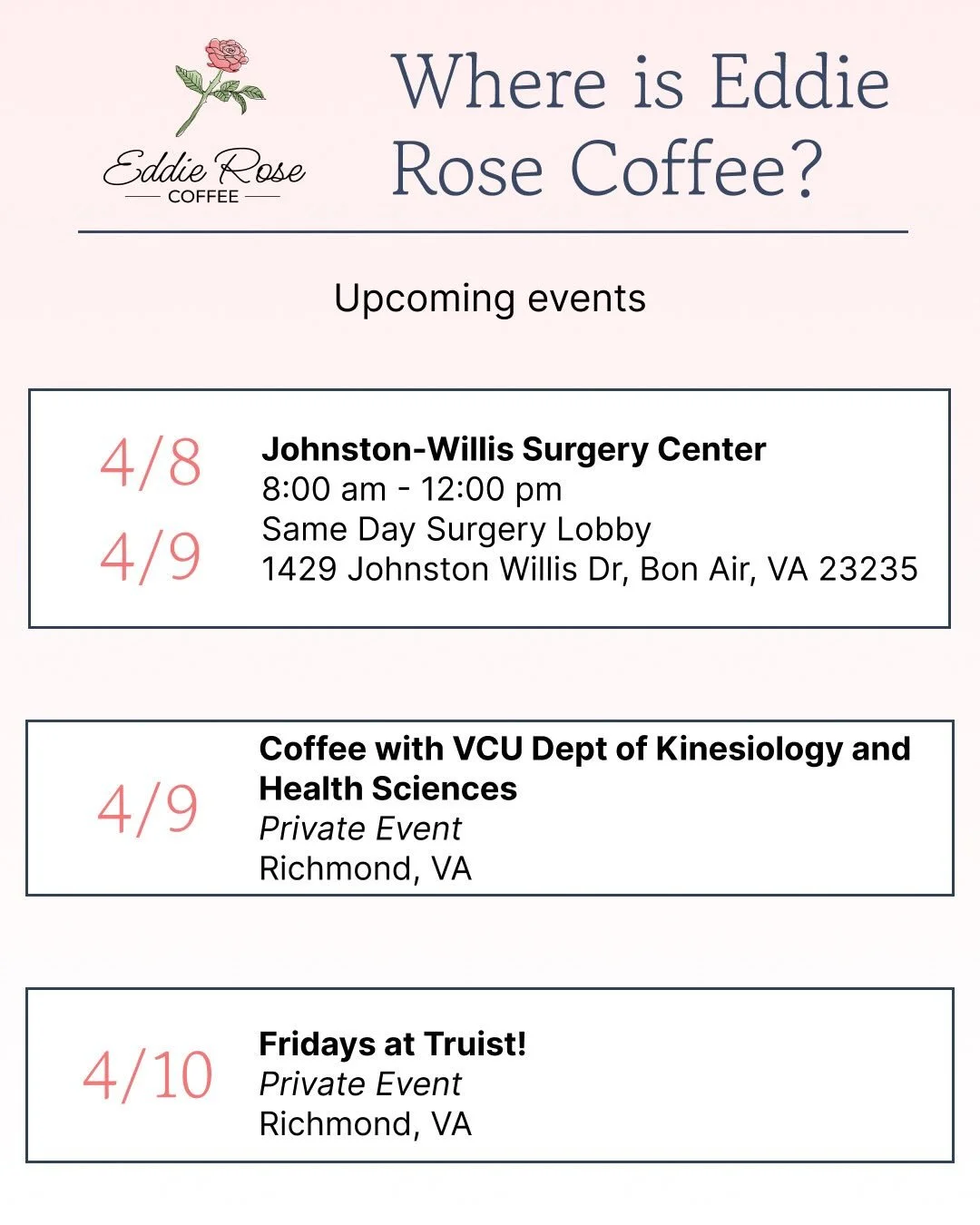 So many places! Book us for your special event or come out to one of the amazing places we will be!! 🩷🌹☕️🥤#eddierosecoffee #mobilecoffee #coldbrew #smallbusiness #rva