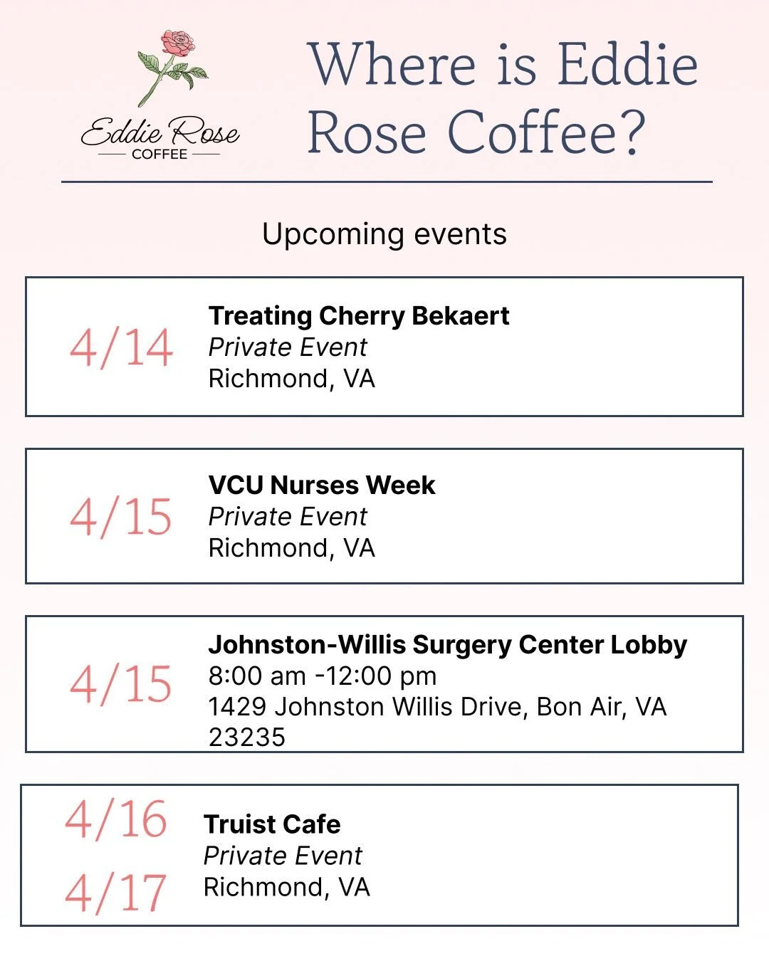 It is so wonderful to be in so many amazing spaces! Whether catering or retail, we will see you soon. Come say hi!! Oh also: I&rsquo;M HIRING!! ✨🩷🌹☕️🥤#eddierosecoffee #mobilecoffee #rva #smallbusiness
