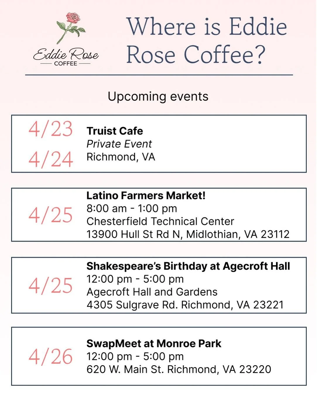 So many opportunities to come get treated by us! See you soon! ✨🩷🌹🥤😊☕️🥤#eddierosecoffee #mobilecoffeecatering #smallbusiness #rva