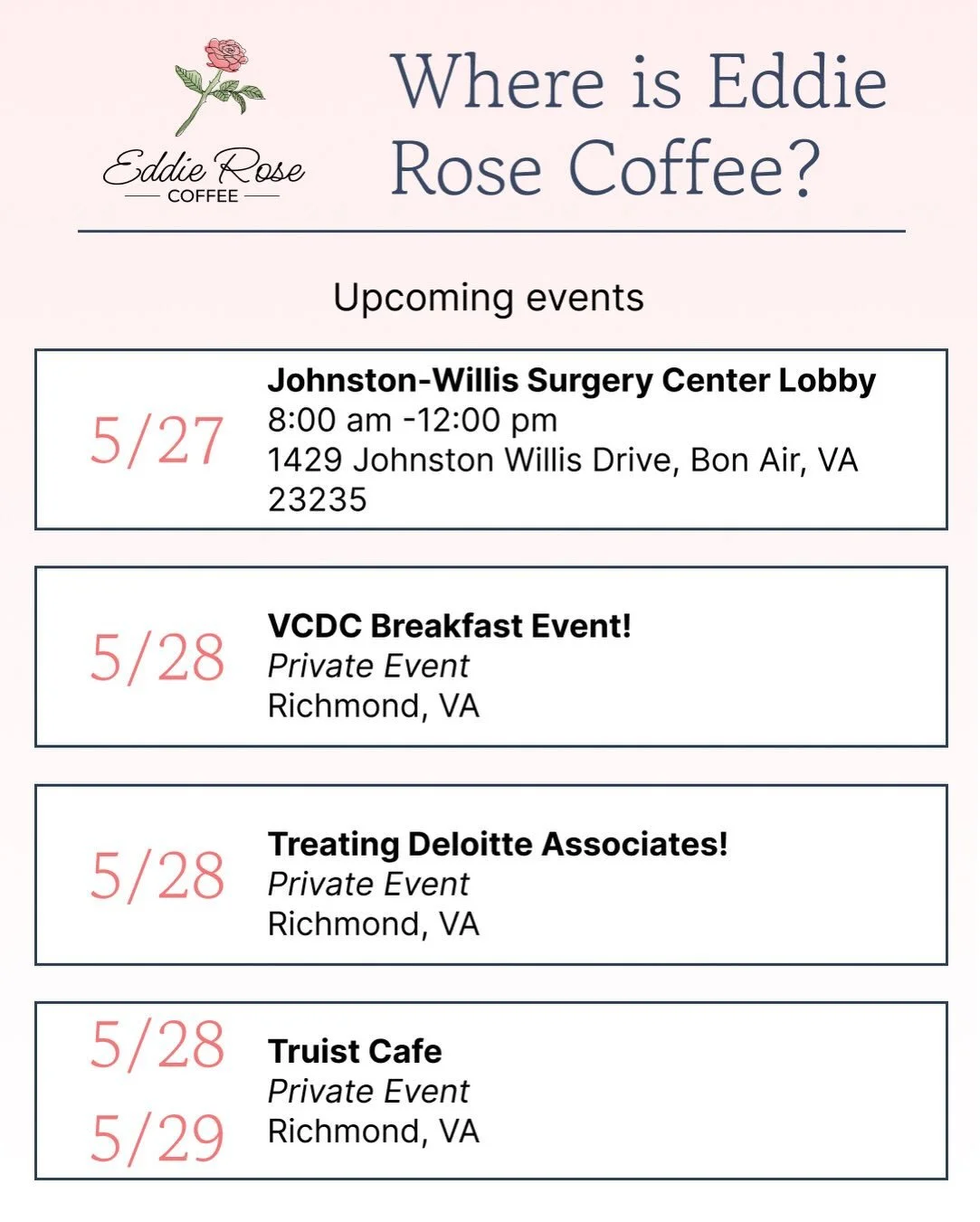 Grateful to be so many lovely places with so many lovely people! See you soon! 🥰🌹☕️🥤#eddierosecoffee #mobilecoffee #smallbusiness #rva