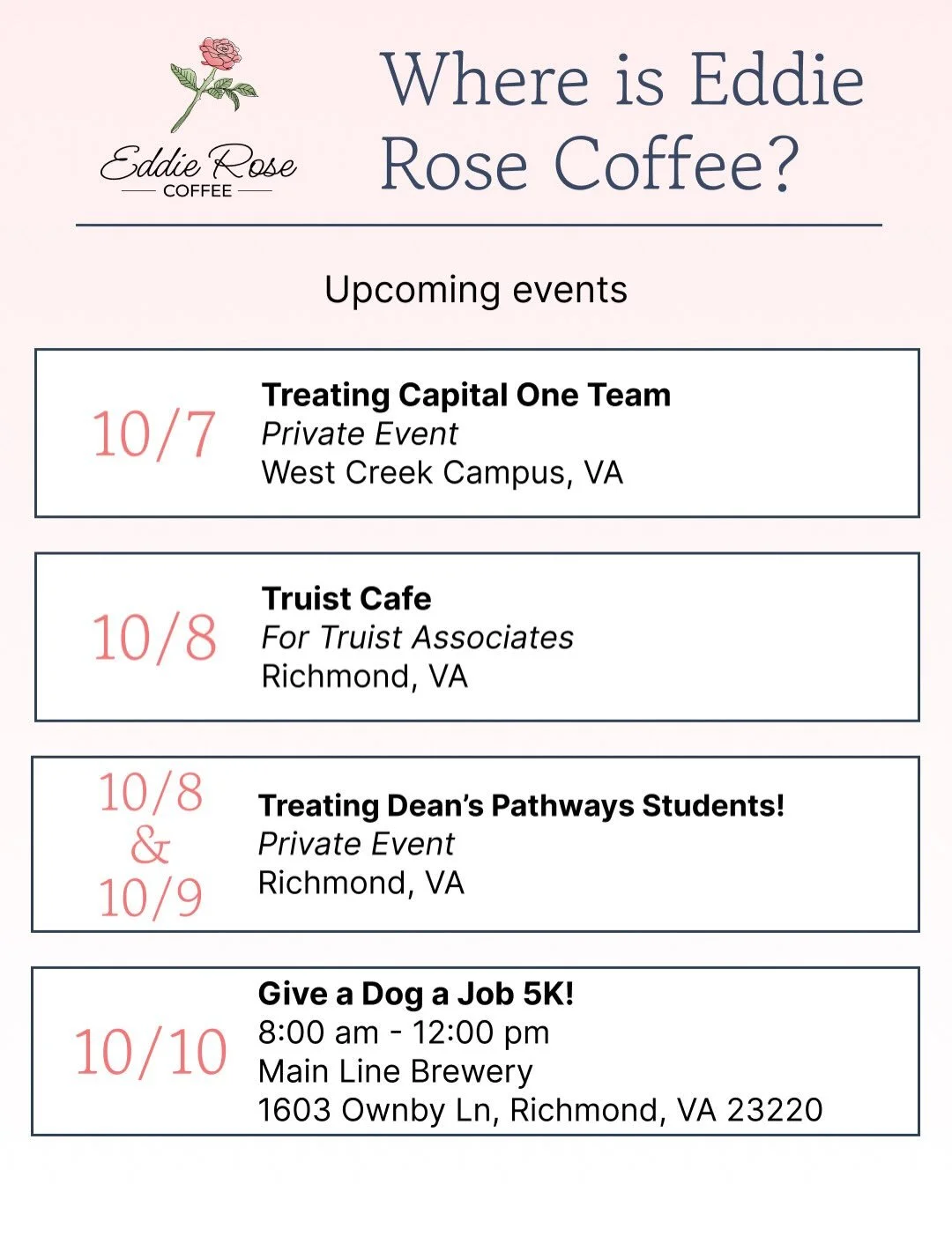 Come out and see us this Saturday at the Give a Dog a Job 5K and next at the Steward School Fall Festival, or book us to come cater your team 🥰🌹🥤☕️ #eddierosecoffee #rva #mobilecoffee #smallbusiness #fallfestival