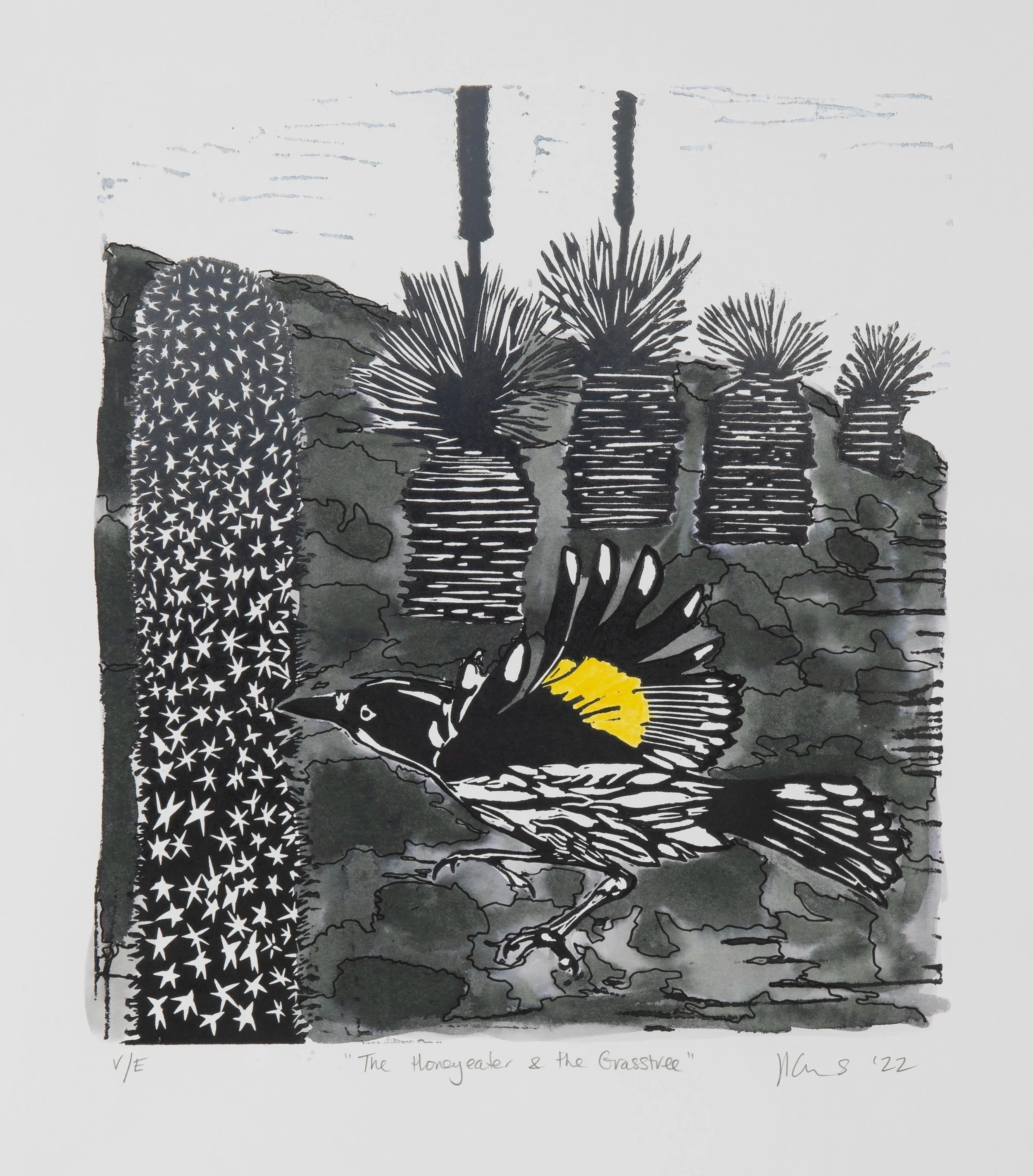 The Honeyeater and the Grasstree Hand painted Lino
