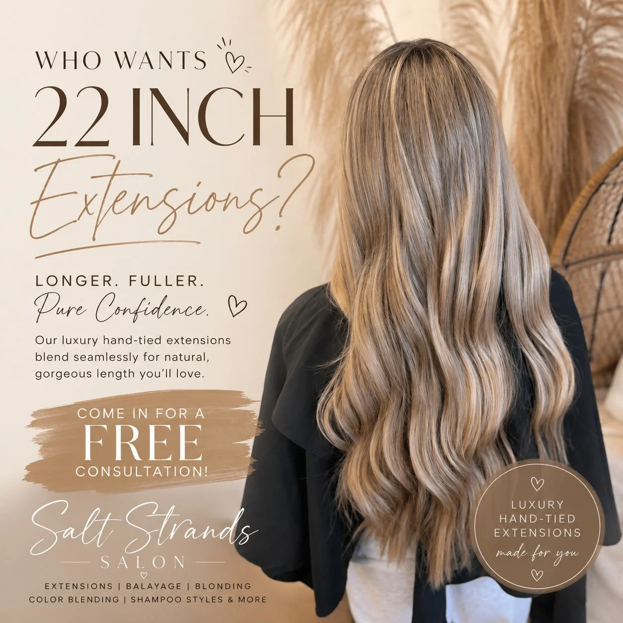 ✨ Who wants 22-inch extensions? ✨

Imagine waking up with longer, fuller, confidence-boosting hair every single day. 🤍

At Salt Strands Salon, we specialize in luxury hand-tied extensions that blend seamlessly for a beautiful, natural look. Whether 