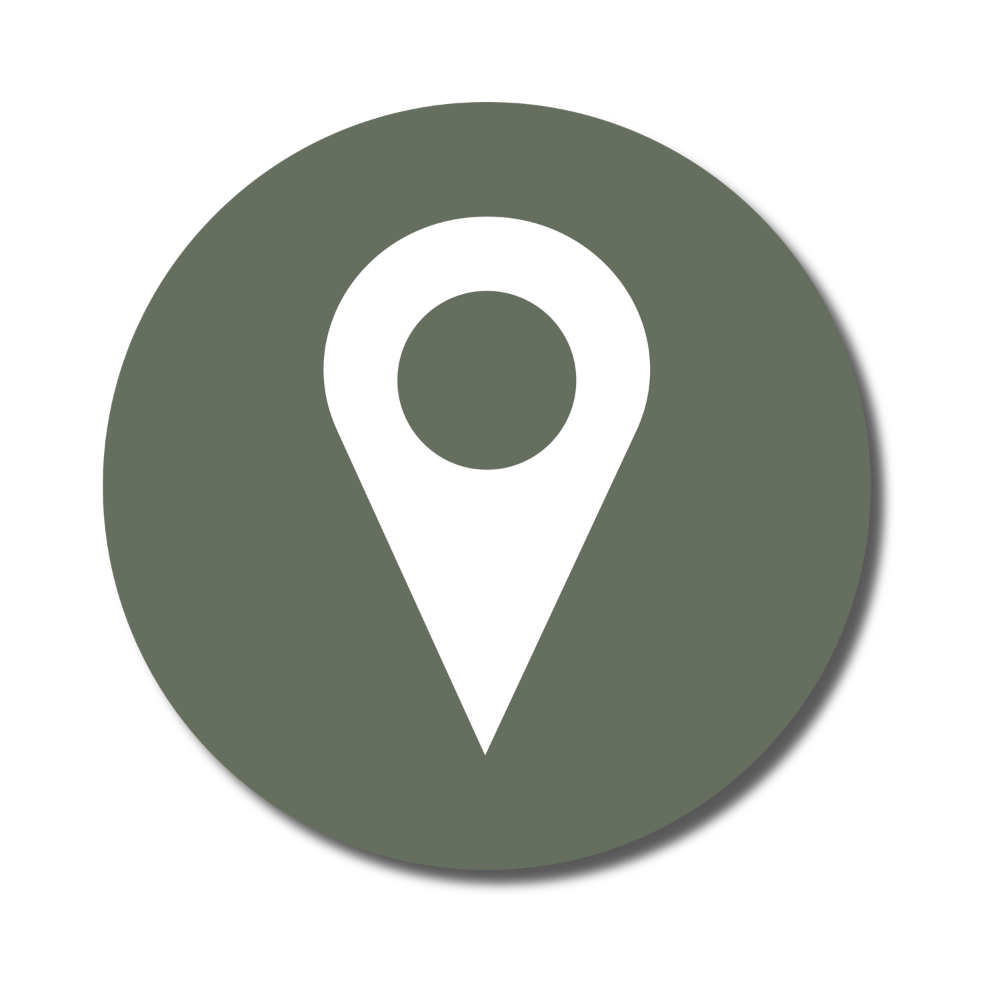 Map pin icon inside a dark green circle.