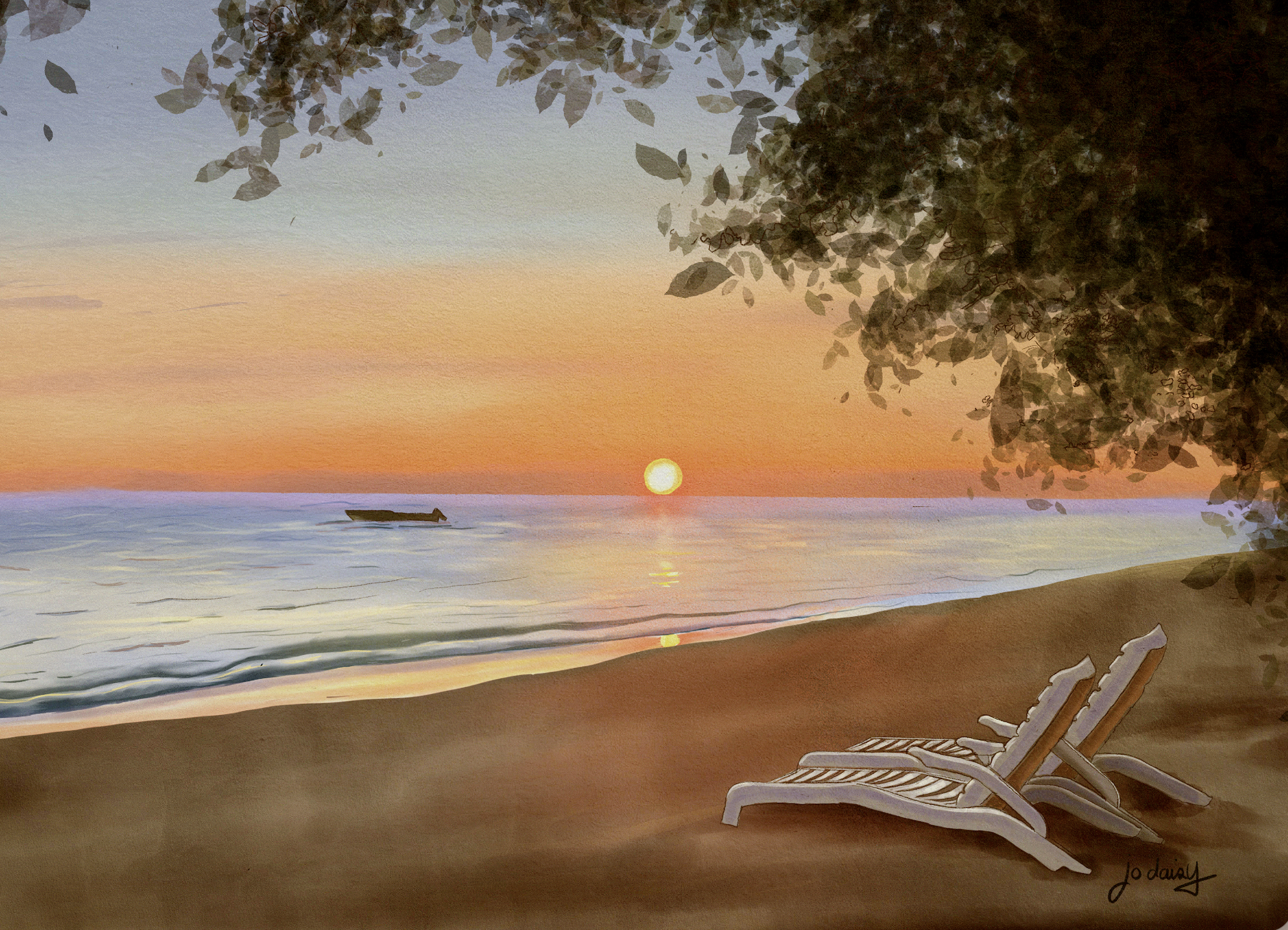 A watercolour painting of a Fiji Sunset on the beach, with orange skies, water and loungers on the beach.
