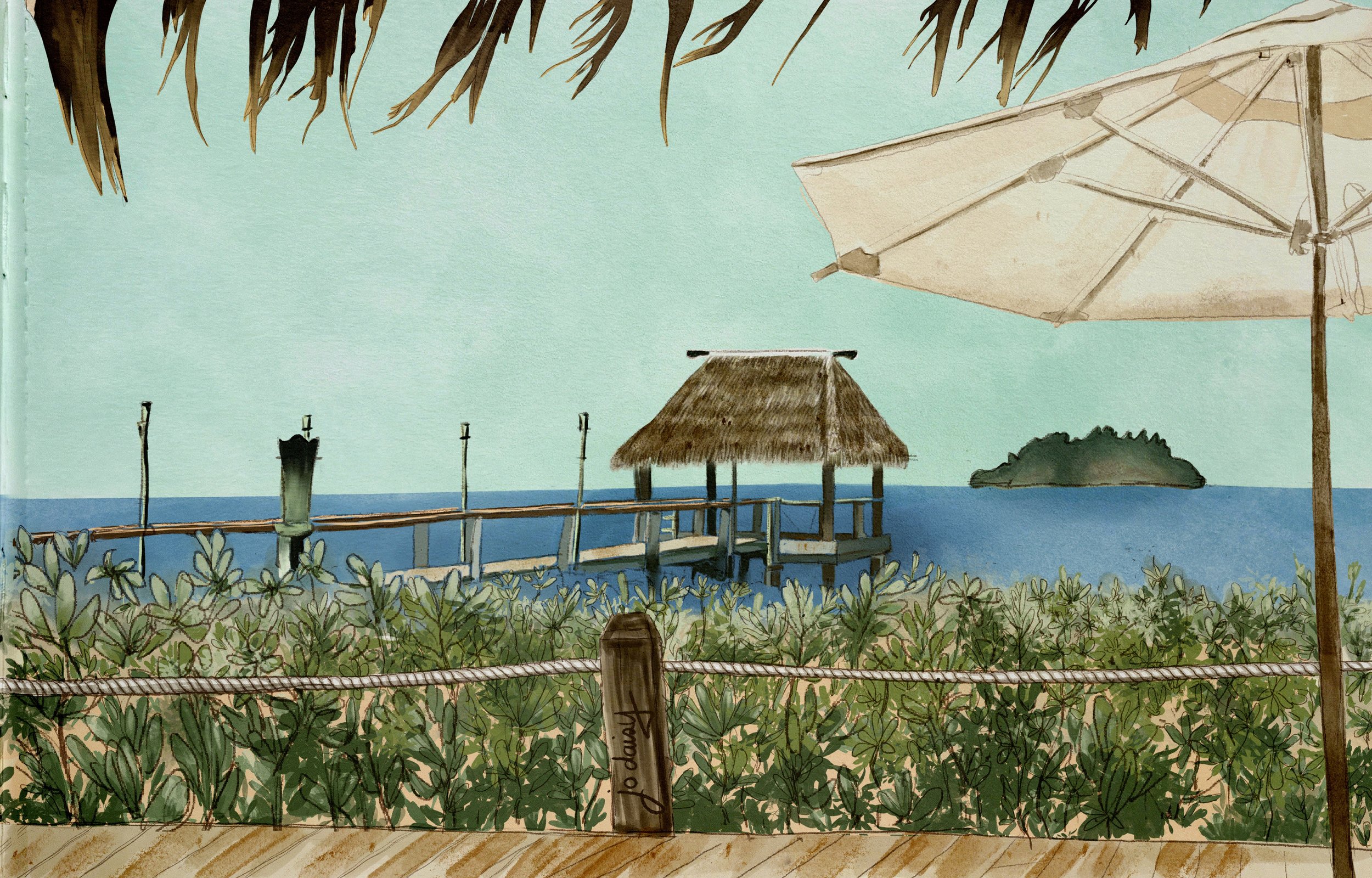 Malolo Island Jetty as viewed from the deck. A hand-painted illustration by Jo Daisy