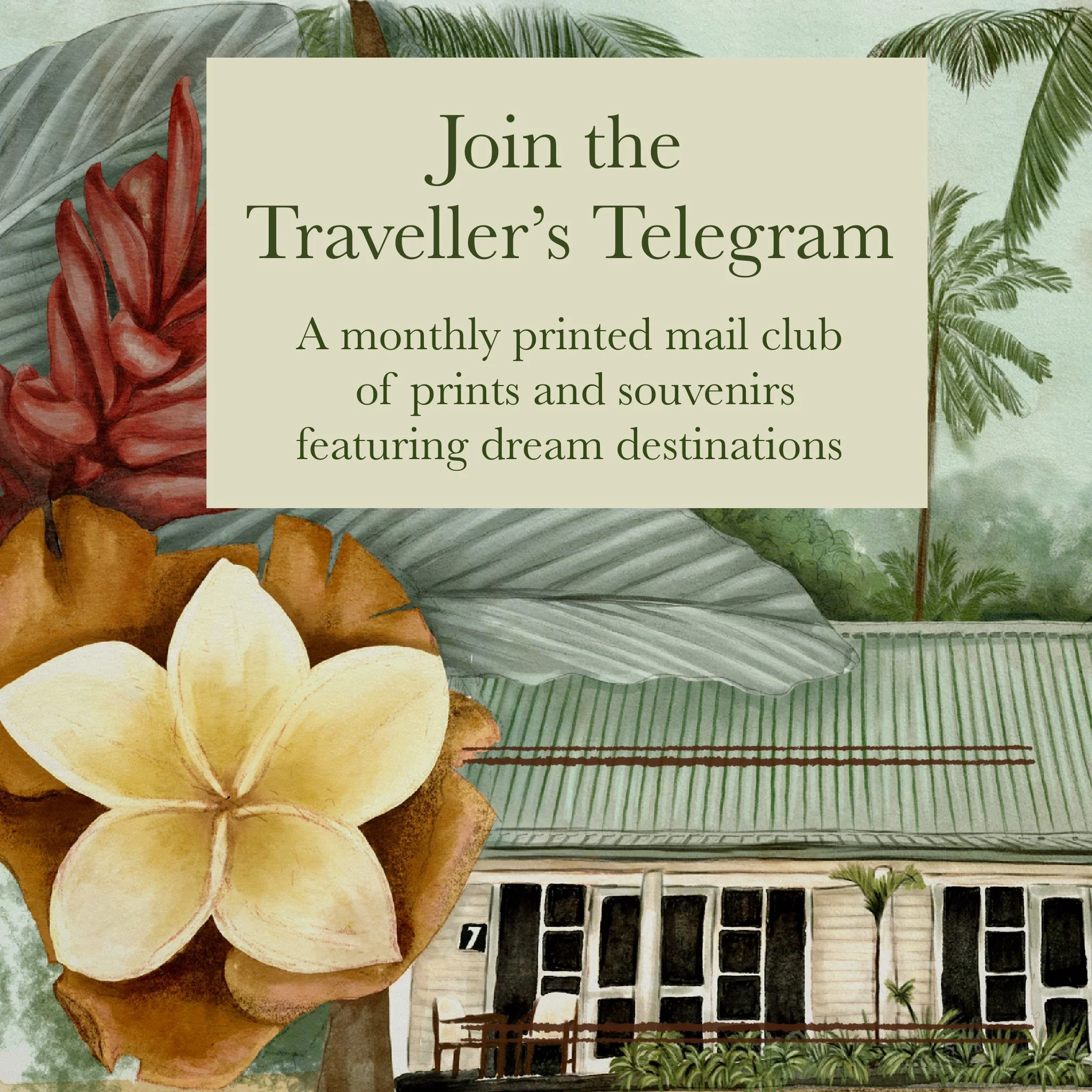 .The Traveller's Telegram membership, featuring island bures on Malolo Island, a frangipani and palm trees