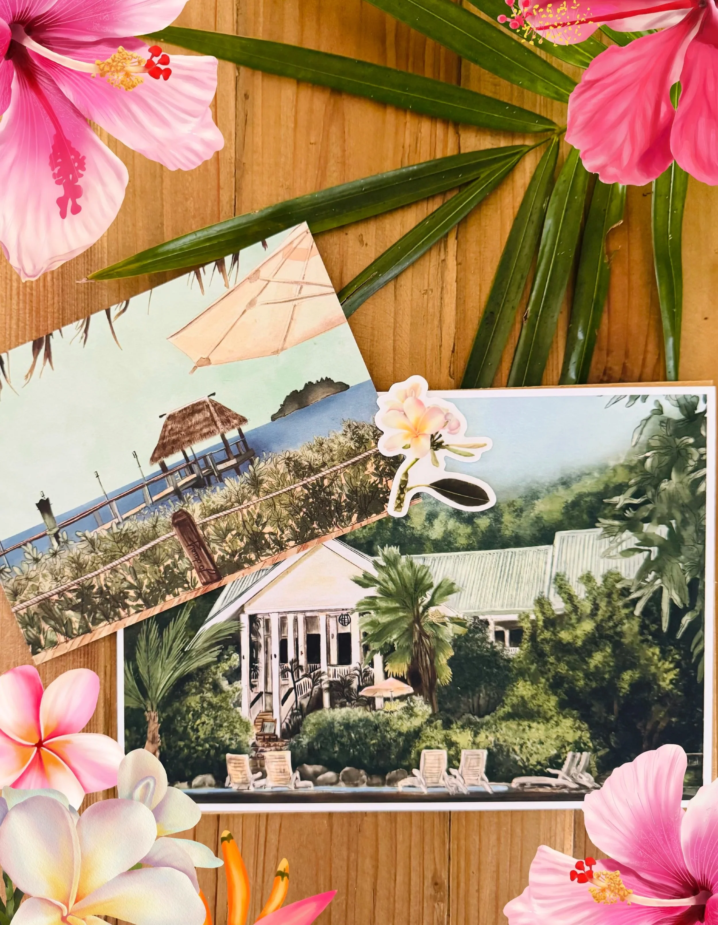 Malolo Island Resort art print. Malolo Jetty postcard. Frangipani sticker. October mail drop for the Traveller's Telegram mail club.