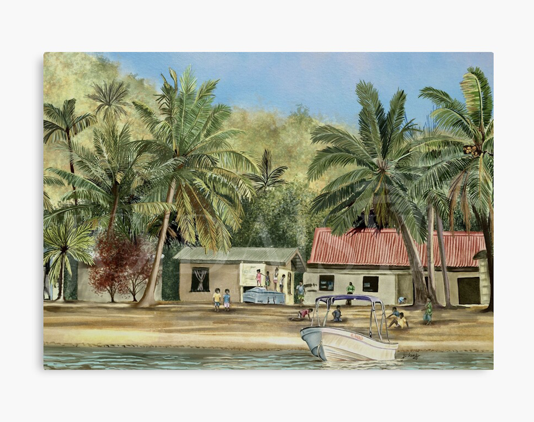 Arrival at Yaro Village, a painting by Jo Daisy, featuring Yaro Village, also known as Shell Village