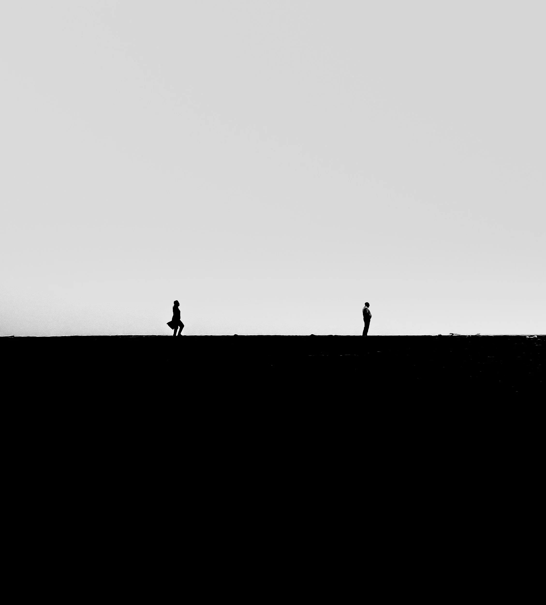 Silhouette of two people standing apart on a horizon, with a vast, empty sky above, in black and white.