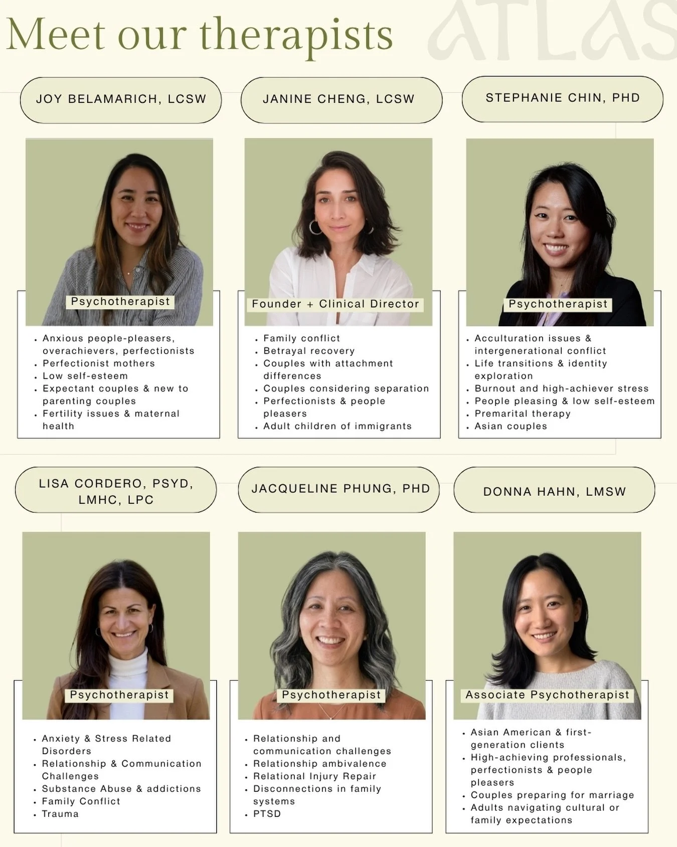 Meet our therapists, learn about their specialties and reach out to set up your consultation today.