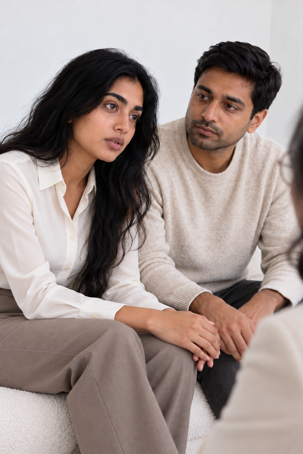A woman with long dark hair and a man with short dark hair sit closely, holding hands, during a therapy session.
