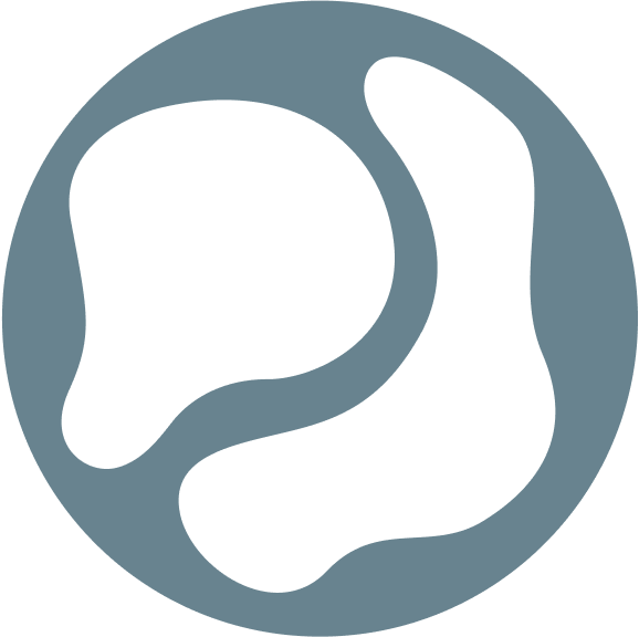 A stylized logo featuring a gray, abstract footprint or paw print inside a gray circle on a black background.