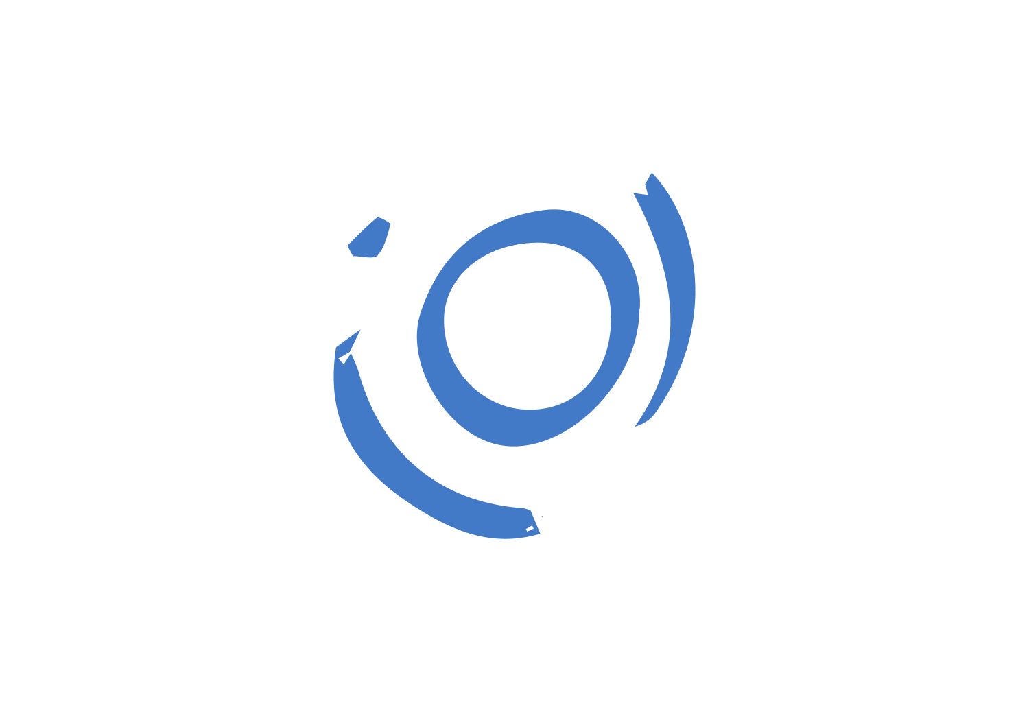Blue abstract logo with circular and curved lines.