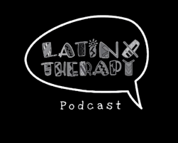 Logo for Latinx Therapy Podcast with stylized text inside a speech bubble.