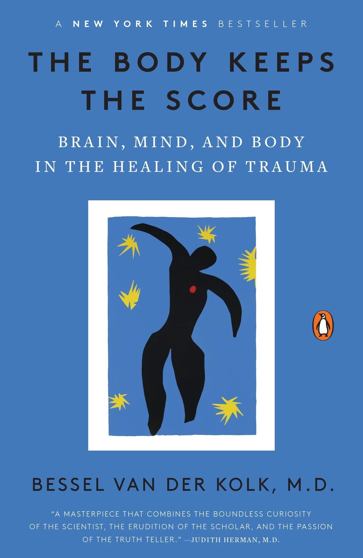 Book cover of 'The Body Keeps the Score' by Bessel Van Der Kolk, featuring a dark abstract human figure with yellow starburst shapes around it, on a blue background.
