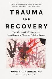 Book cover titled 'Trauma and Recovery' by Judith L. Herman, MD, with abstract artwork of a person and red and pink brushstrokes.