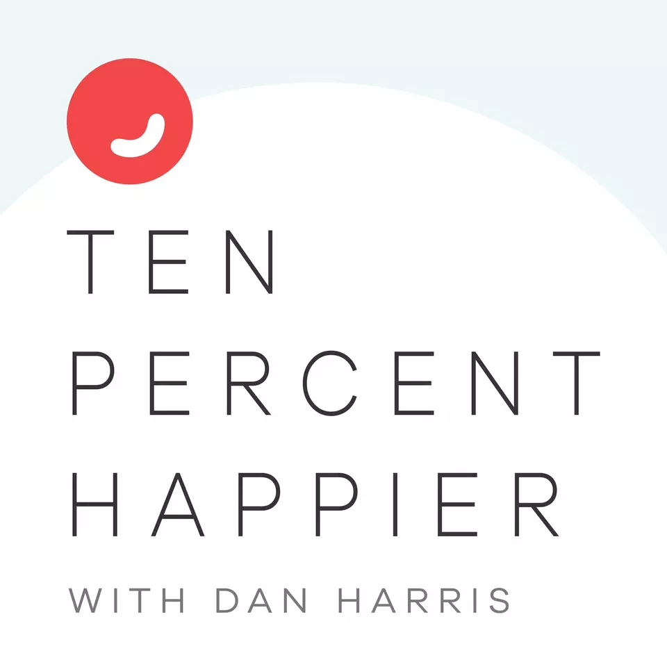 Book cover titled 'Ten Percent Happier' by Dan Harris, with a red circle containing a white check mark in the top left corner.