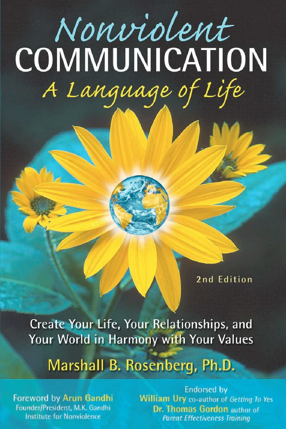 Book cover titled 'Nonviolent Communication: A Language of Life', 2nd Edition, by Marshall B. Rosenberg, Ph.D. Features a yellow flower with a globe at its center, blue and green earth image, and additional text about creating harmony in life and relationships.