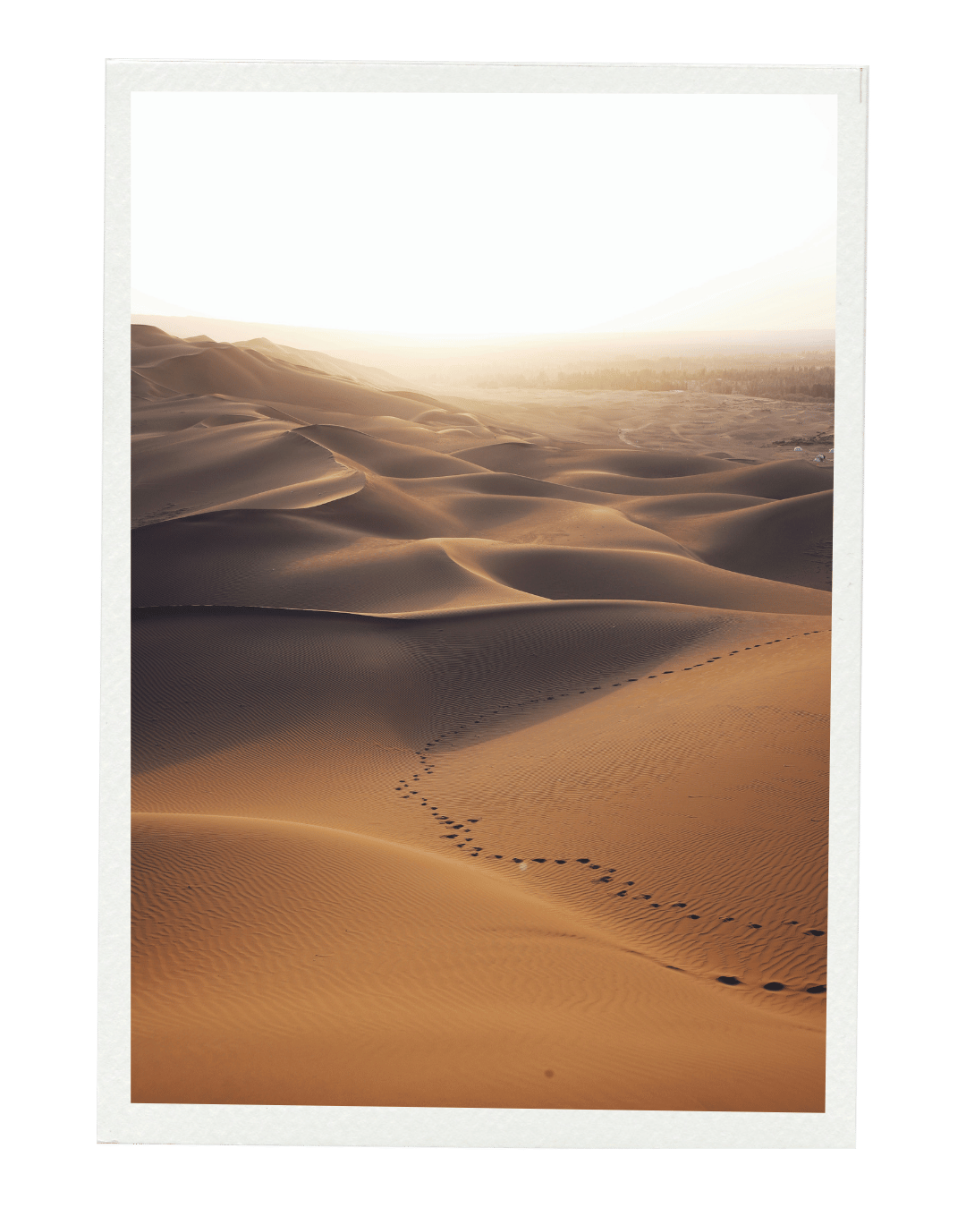 Sand dunes in a desert at sunset with footprints in the sand.