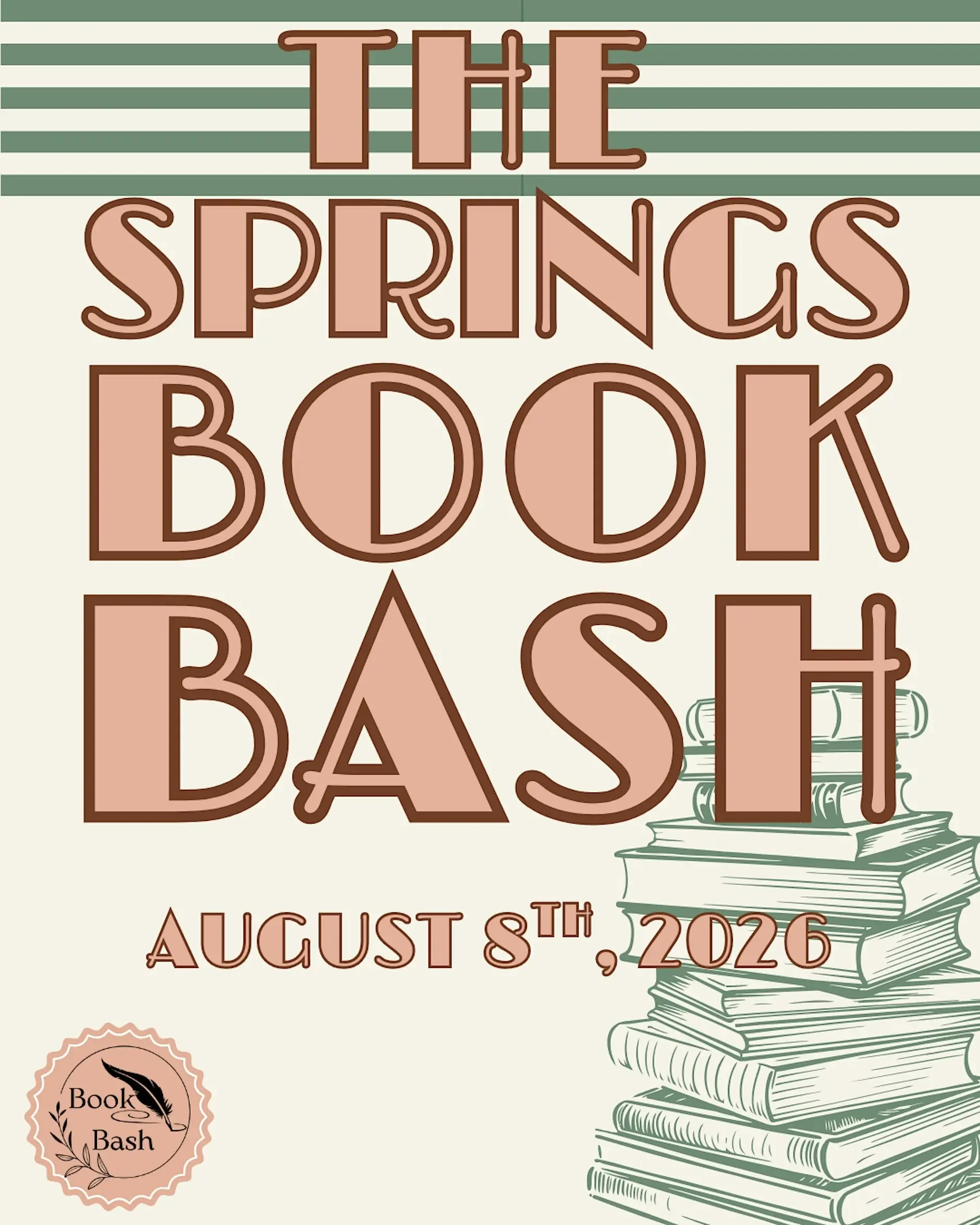 Digital graphic with a stack of books with purple wisteria flowers, the text "Springs 2025 Book Bash" with a feather quill and laurel illustration, on a green background.