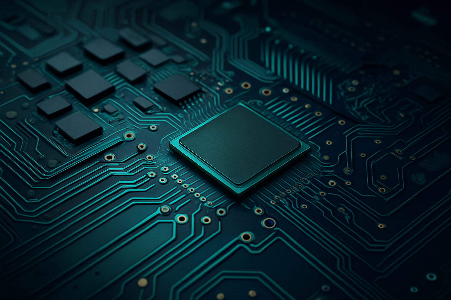 Illustration of AI technology with a central chip labeled 'AI,' connected to a bar graph, cloud storage, and gear icon, representing artificial intelligence, data analysis, cloud computing, and automation.