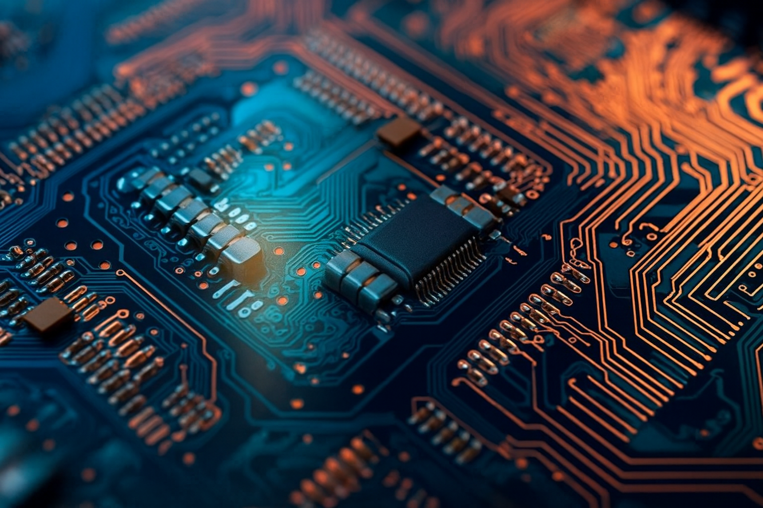 Digital illustration of AI technology with a central chip labeled 'AI,' circuit connections, a computer screen, and a shield with a checkmark, representing AI security and data processing.