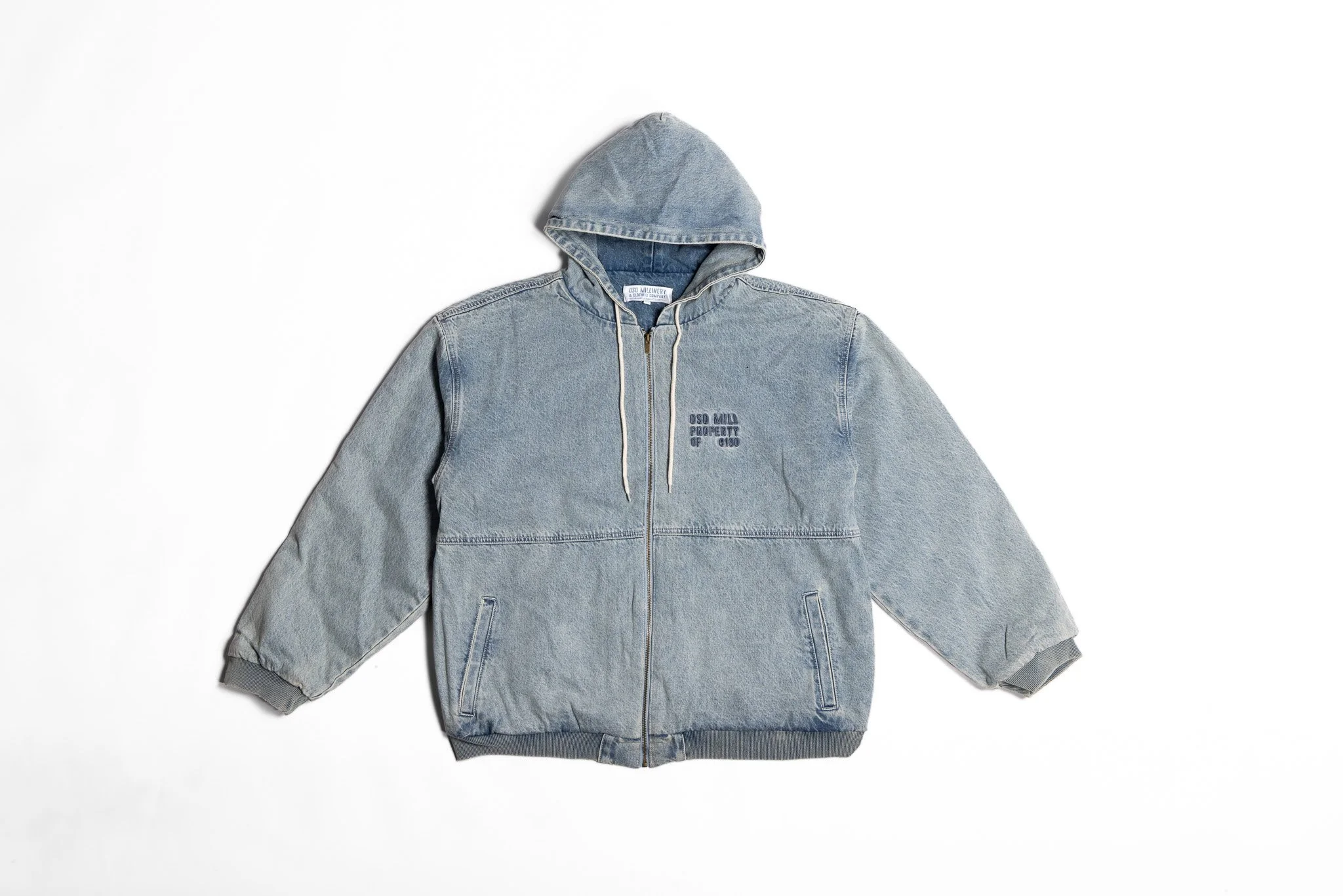A light blue denim zip-up hoodie with a gray hood and ribbed cuffs and hem, laid flat on a white background.