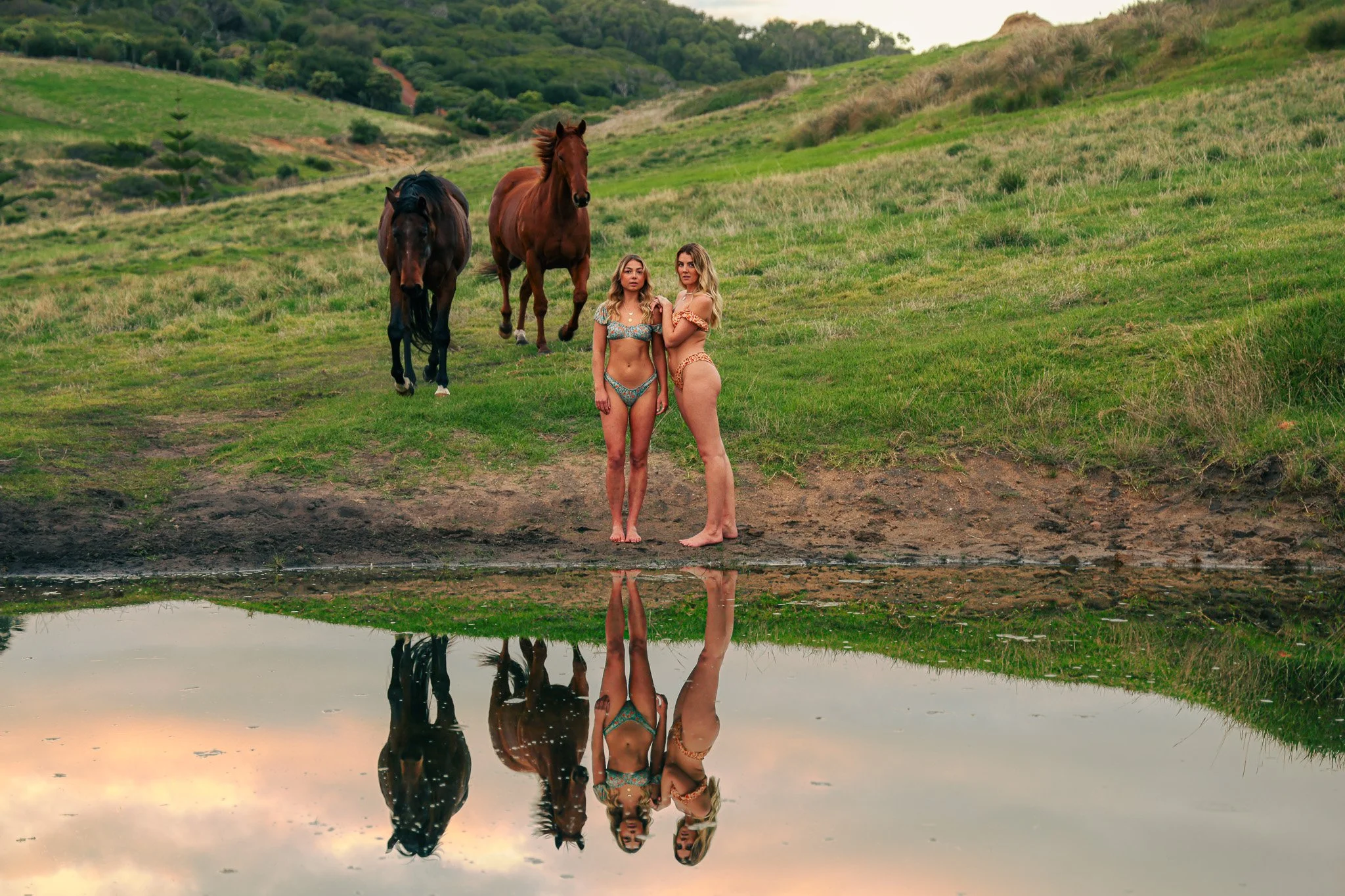 Two woman in lingerie with horses model in the grass fields.