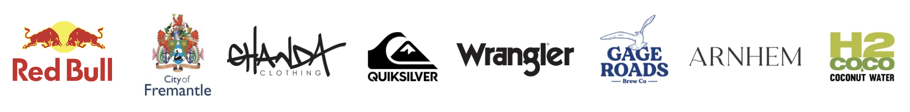 Collection of logos for Red Bull, City of Fremantle, Chando Clothing, Quiksilver, Wrangler, Gage Roads Brew Co, Arnhem, and H2 Coco Coconut Water.