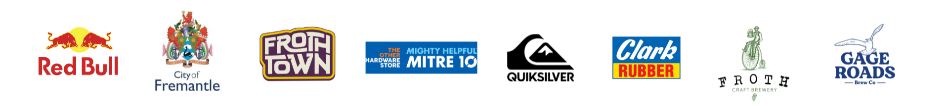 A series of nine different company logos, including Red Bull, City of Fremantle, Froth Town, The Hardware Store Mitre 10, Quiksilver, Clark Rubber, FOTH Craft Brewery, Gage Roads Brew Co, and an unidentified bicycle and fish logo.