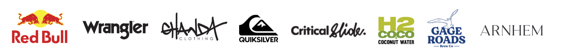 Collection of logos from various brands, including Red Bull, Wrangler, Ghandi Clothing, Quiksilver, Critical Slide, H2 Coco Coconut Water, Gage Roads Brew Co., and Arnhem.