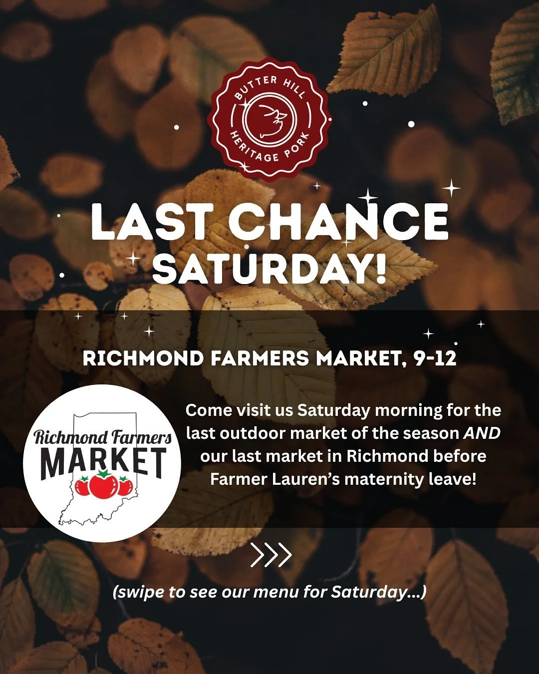 Richmond, IN friends!

Saturday will be your last chance to shop with us for the YEAR before Farmer Lauren is on maternity leave! 

We want to make sure you know about our holiday hams in particular&hellip;we will have them ready for you at the marke