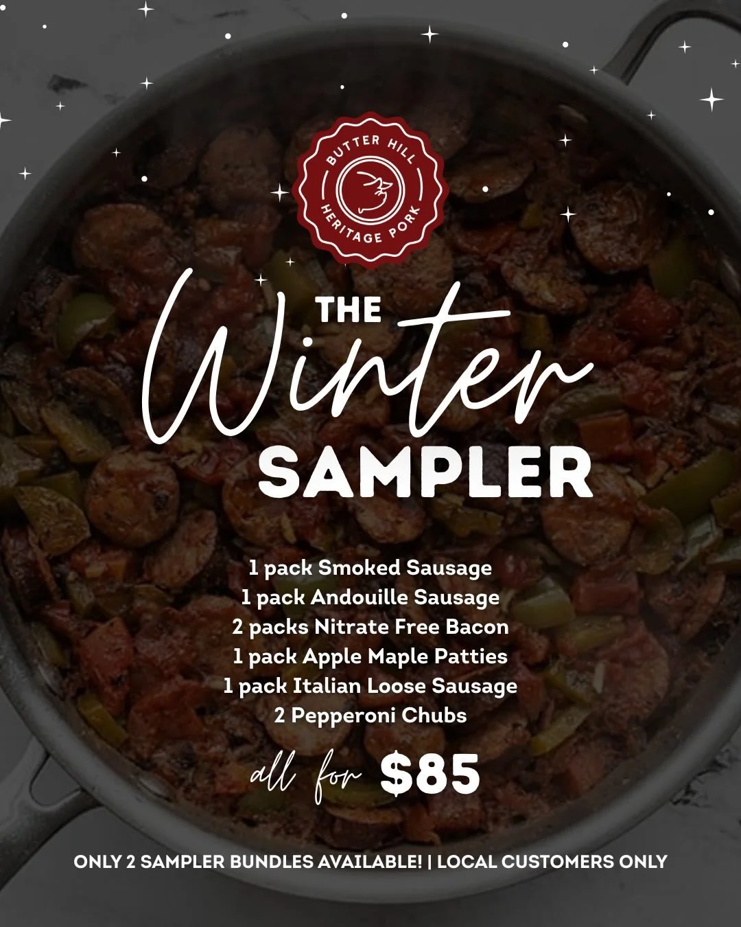 Offering something ✨NEW✨ for our local customers!

Try a Winter Sampler of 100% certified KuneKune pork&hellip;a sweet collection of some of our favorites. Just a little something special to get you through the winter season! We have TWO samplers ava