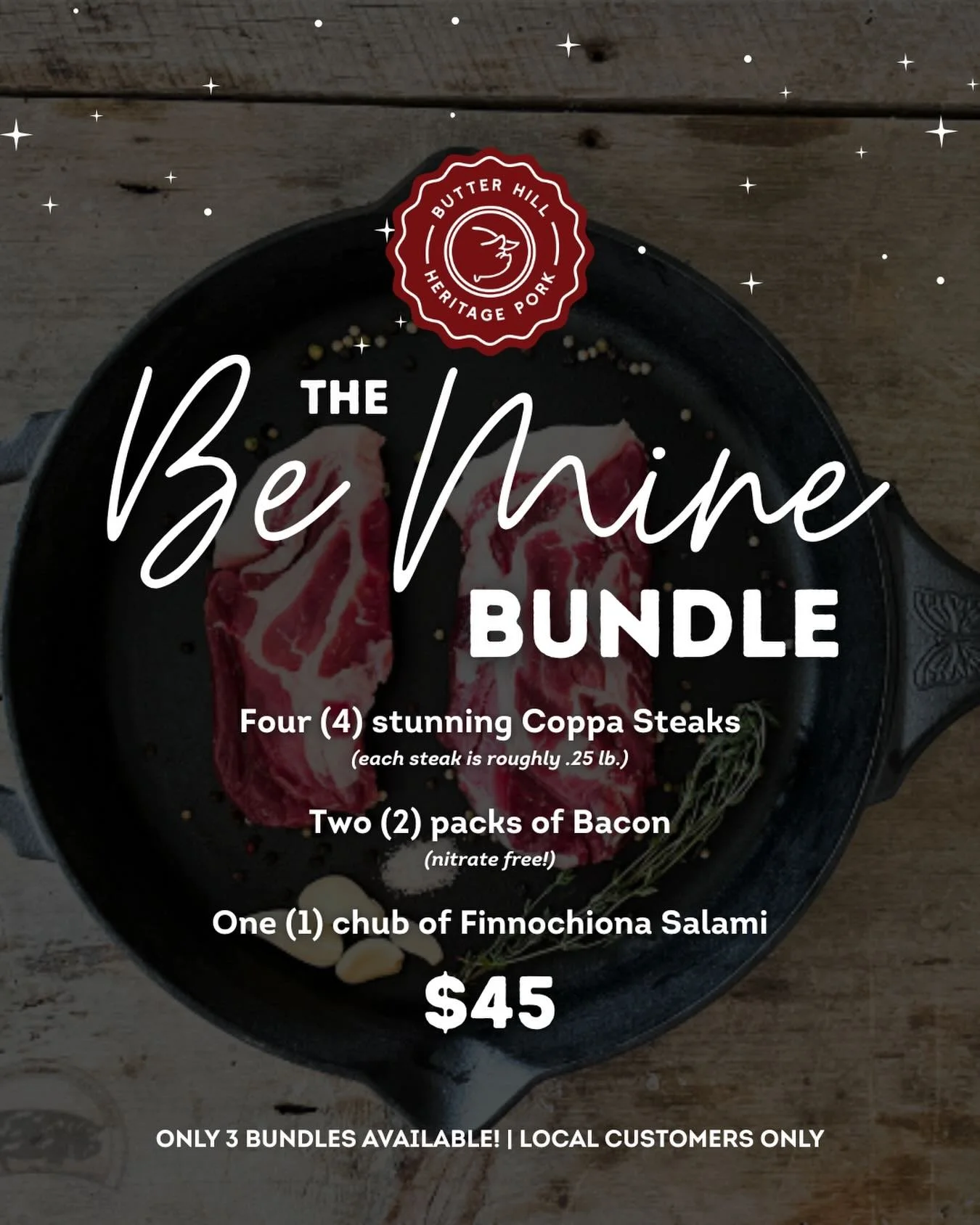 Another day, another bundle!
The last one sold out FAST so don&rsquo;t hesitate 🏃&zwj;♀️

This one is the key 🔐 to your perfect Valentine&rsquo;s Day dinner&hellip;four beautiful coppa steaks, some bacon (bacon wrapped dates anyone?!), and a chub o