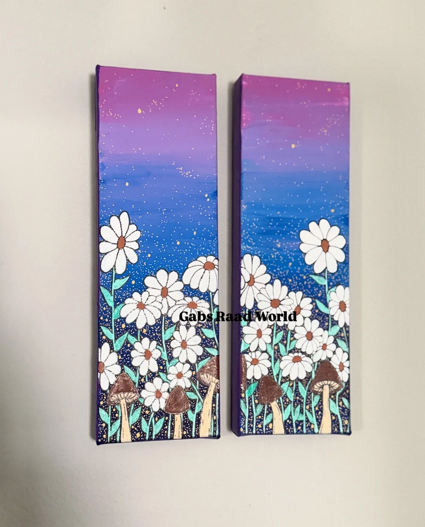 Daisy & Mushroom Fields: 2"x9" Canvases, Set of 2