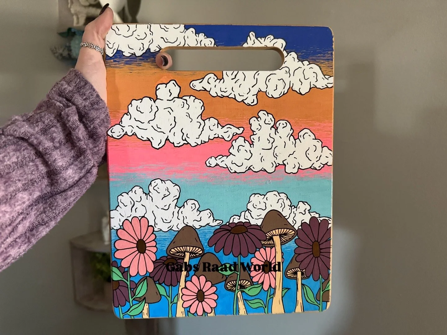 Mushrooms & Flowers Sunset Fields: 8"x11" Cutting Board