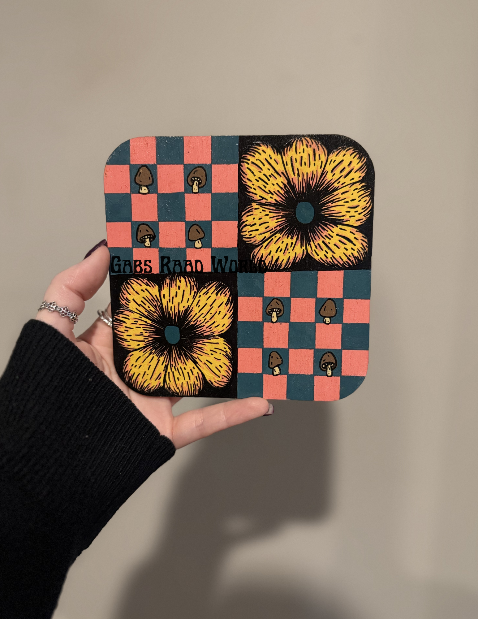 Flowers, Checkers & Mushrooms: 4"x4" Wood Slab