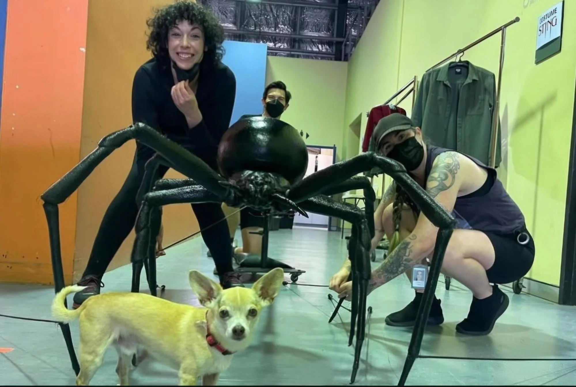 Behind the scenes of horror film Sting with spider puppet.jpg