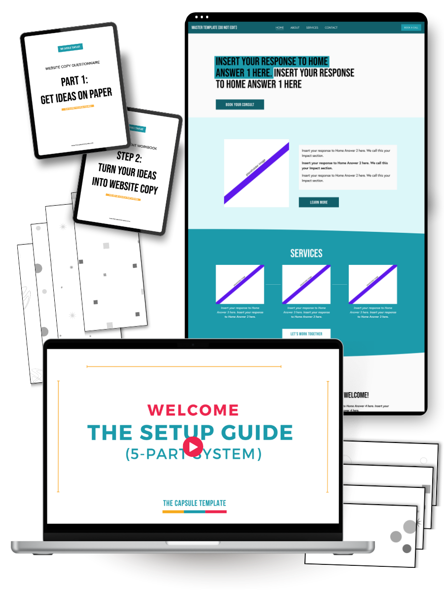 Screenshots of website templates and setup guides for creating and designing a website, including a setup guide video on a laptop screen, website layout templates, and printed worksheets.