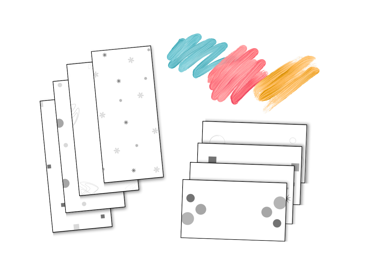 A collection of gift cards with various designs and colors, along with four crayon-like strokes in blue, pink, peach, and orange on a black background.