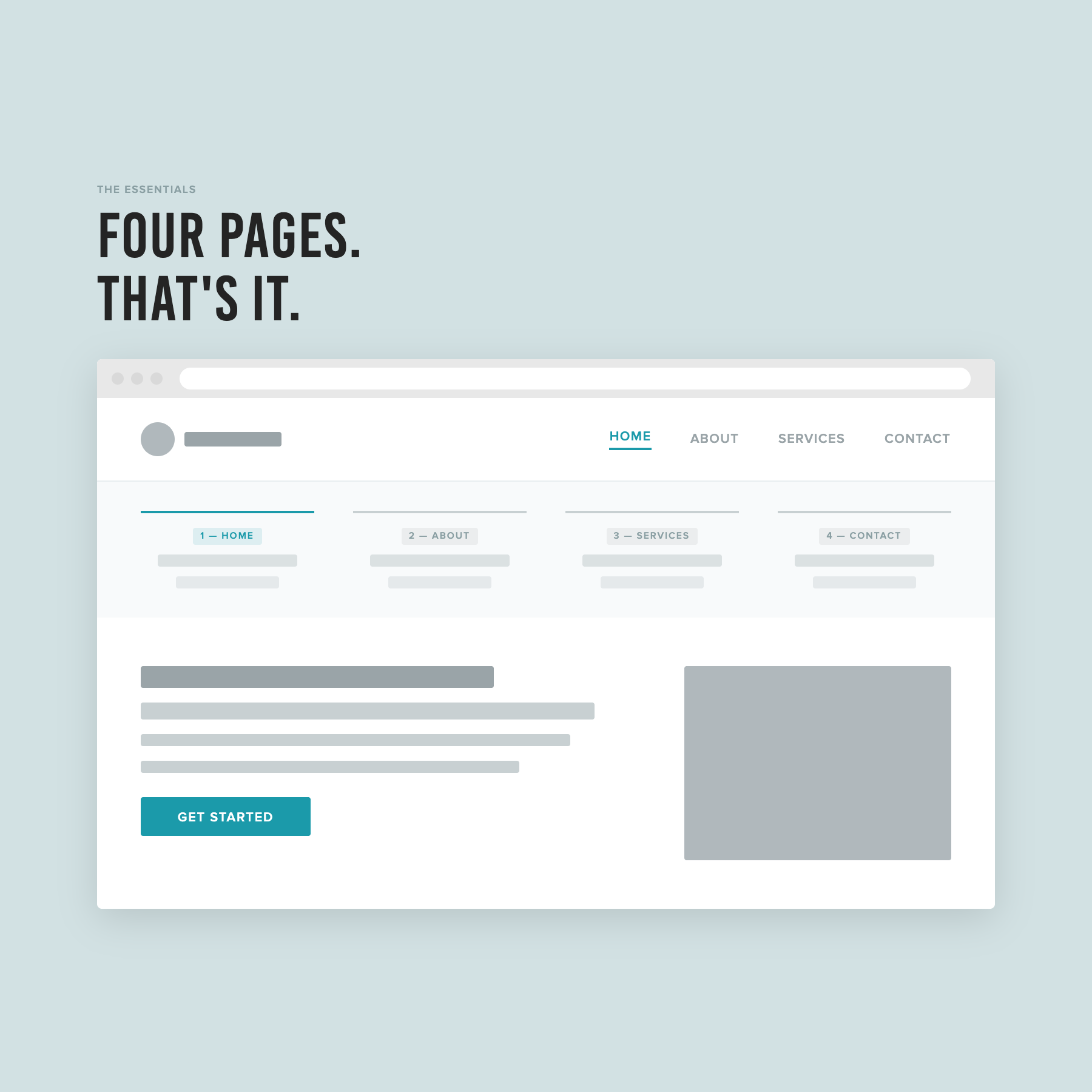 Wireframe illustration showing a service business website with four pages in the navigation: Home, About, Services, and Contact.