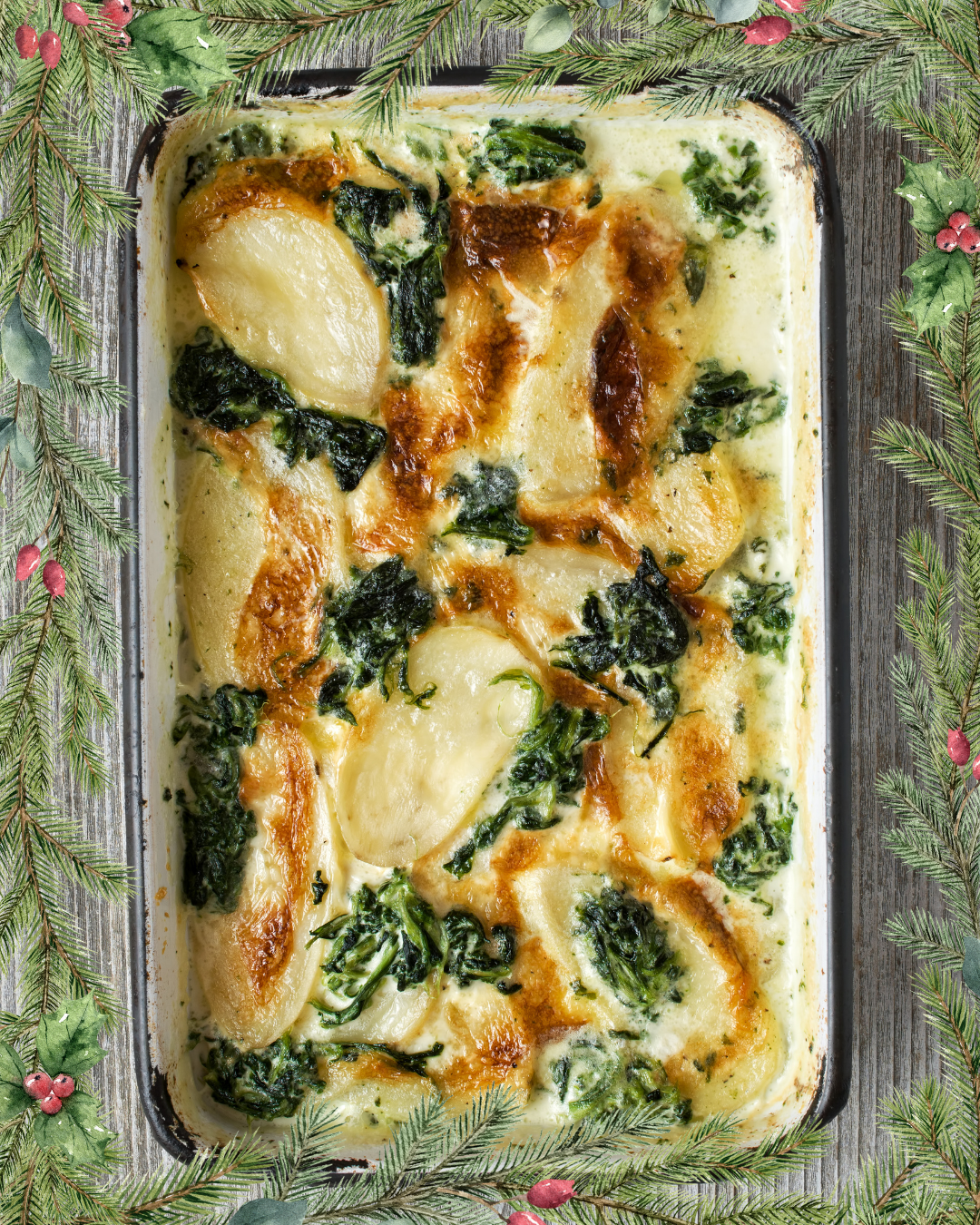 Individual Potato Gratin with wilted sauteed spinach